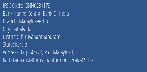 Central Bank Of India Malayinkeezhu Branch Thiruvananthapuram IFSC Code CBIN0281173