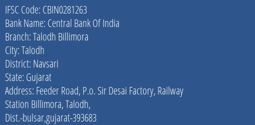 Central Bank Of India Talodh Billimora Branch Navsari IFSC Code CBIN0281263