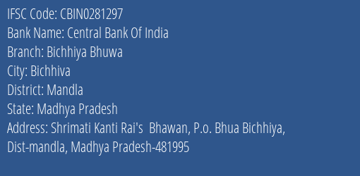 Central Bank Of India Bichhiya Bhuwa Branch Mandla IFSC Code CBIN0281297