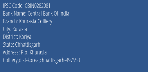 Central Bank Of India Khurasia Colliery Branch Koriya IFSC Code CBIN0282081