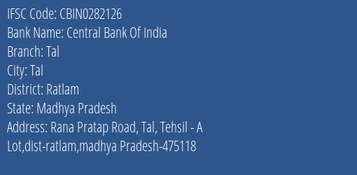 Central Bank Of India Tal Branch Ratlam IFSC Code CBIN0282126