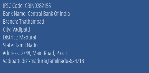 Central Bank Of India Thathampatti Branch Madurai IFSC Code CBIN0282155