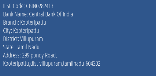 Central Bank Of India Kooteripattu Branch, Branch Code 282413 & IFSC Code Cbin0282413