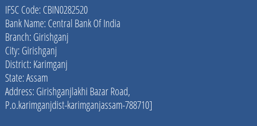 Central Bank Of India Girishganj Branch, Branch Code 282520 & IFSC Code CBIN0282520