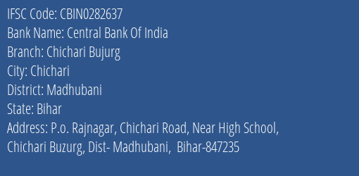 Central Bank Of India Chichari Bujurg Branch Madhubani IFSC Code CBIN0282637