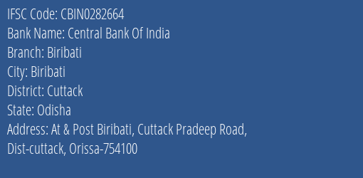 Central Bank Of India Biribati Branch Cuttack IFSC Code CBIN0282664
