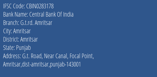 Central Bank Of India G.t.rd. Amritsar Branch, Branch Code 283178 & IFSC Code Cbin0283178