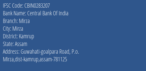 Central Bank Of India Mirza Branch Kamrup IFSC Code CBIN0283207