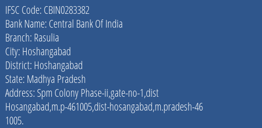 Central Bank Of India Rasulia Branch Hoshangabad IFSC Code CBIN0283382