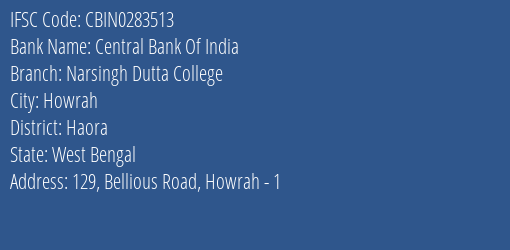 Central Bank Of India Narsingh Dutta College Branch Haora IFSC Code CBIN0283513