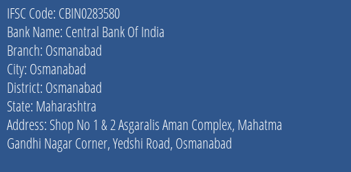 Central Bank Of India Osmanabad Branch, Branch Code 283580 & IFSC Code CBIN0283580