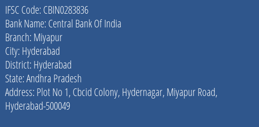 Central Bank Of India Miyapur Branch Hyderabad IFSC Code CBIN0283836