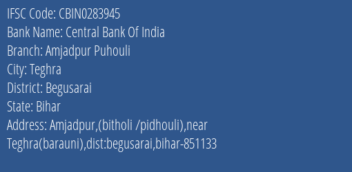 Central Bank Of India Amjadpur Puhouli Branch Begusarai IFSC Code CBIN0283945