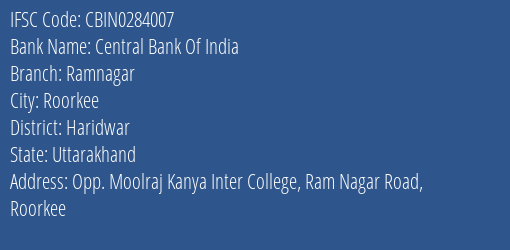 Central Bank Of India Ramnagar Branch Haridwar IFSC Code CBIN0284007