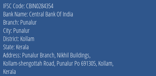 Central Bank Of India Punalur Branch Kollam IFSC Code CBIN0284354