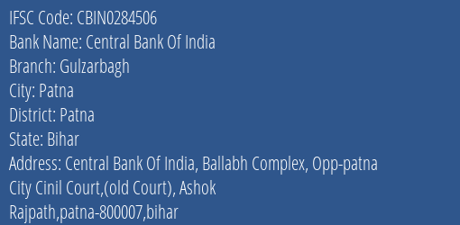 Central Bank Of India Gulzarbagh Branch Patna IFSC Code CBIN0284506