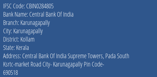 Central Bank Of India Karunagapally Branch Kollam IFSC Code CBIN0284805