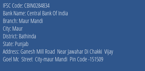 Central Bank Of India Maur Mandi Branch, Branch Code 284834 & IFSC Code Cbin0284834