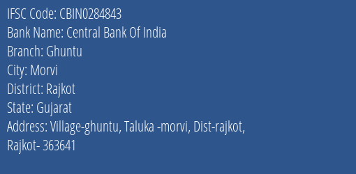 Central Bank Of India Ghuntu Branch, Branch Code 284843 & IFSC Code Cbin0284843