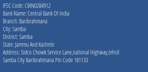 Central Bank Of India Baribrahmana Branch Samba IFSC Code CBIN0284912