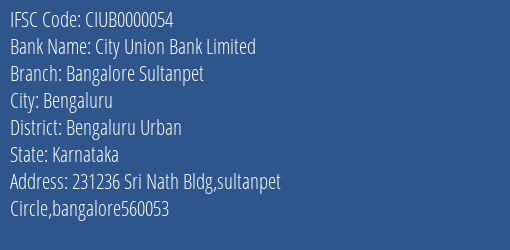 City Union Bank Limited Bangalore Sultanpet Branch, Branch Code 000054 & IFSC Code CIUB0000054