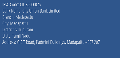 City Union Bank Madapattu Branch Villupuram IFSC Code CIUB0000075