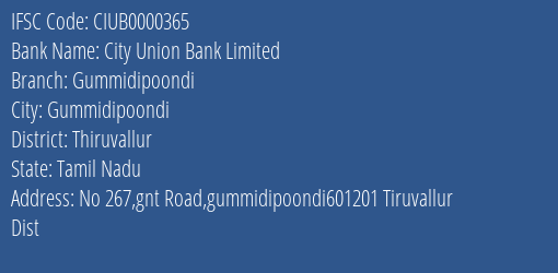 City Union Bank Gummidipoondi Branch Thiruvallur IFSC Code CIUB0000365