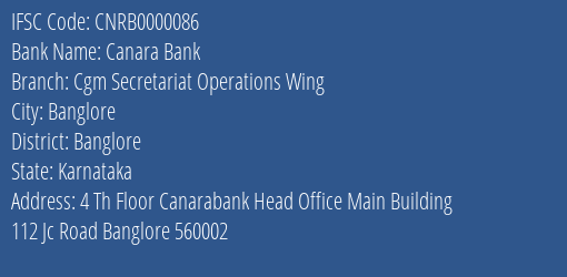 Canara Bank Cgm Secretariat Operations Wing Branch Banglore IFSC Code CNRB0000086