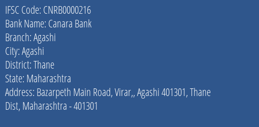Canara Bank Agashi Branch Thane IFSC Code CNRB0000216