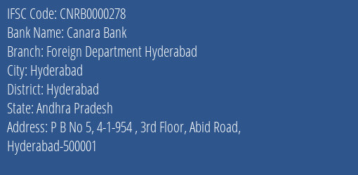 Canara Bank Foreign Department Hyderabad Branch Hyderabad IFSC Code CNRB0000278