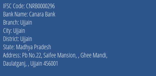 Canara Bank Ujjain Branch Ujjain IFSC Code CNRB0000296