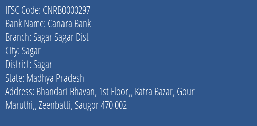 Canara Bank Sagar Sagar Dist Branch Sagar IFSC Code CNRB0000297
