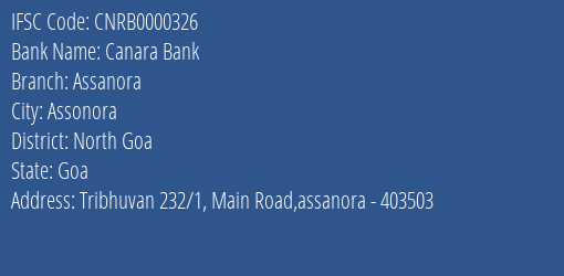 Canara Bank Assanora Branch North Goa IFSC Code CNRB0000326