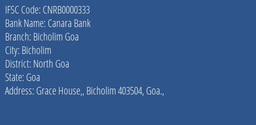 Canara Bank Bicholim Goa Branch North Goa IFSC Code CNRB0000333