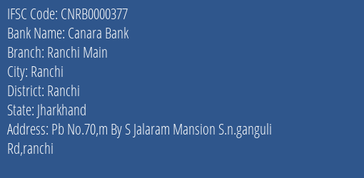 Canara Bank Ranchi Main Branch Ranchi IFSC Code CNRB0000377