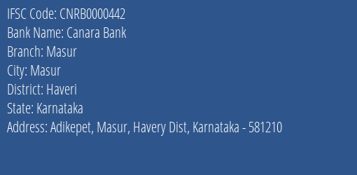 Canara Bank Masur Branch Haveri IFSC Code CNRB0000442