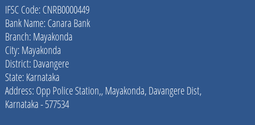 Canara Bank Mayakonda Branch Davangere IFSC Code CNRB0000449