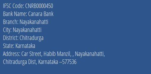 Canara Bank Nayakanahatti Branch Chitradurga IFSC Code CNRB0000450