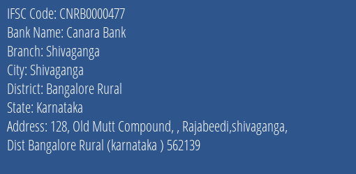 Canara Bank Shivaganga Branch Bangalore Rural IFSC Code CNRB0000477