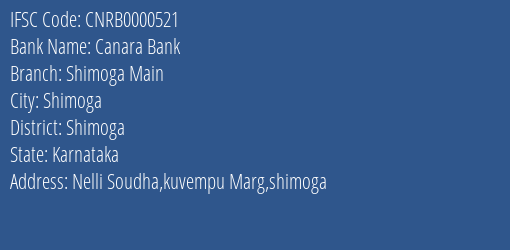 Canara Bank Shimoga Main Branch Shimoga IFSC Code CNRB0000521