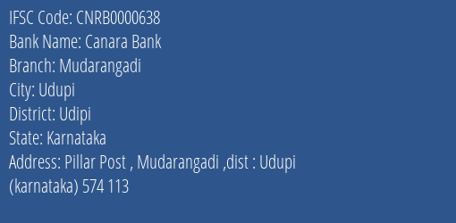 Canara Bank Mudarangadi Branch Udipi IFSC Code CNRB0000638