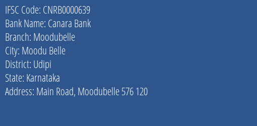 Canara Bank Moodubelle Branch Udipi IFSC Code CNRB0000639