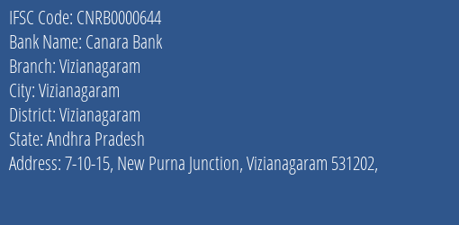 Canara Bank Vizianagaram Branch, Branch Code 000644 & IFSC Code CNRB0000644