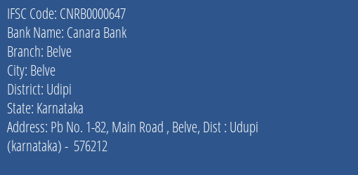 Canara Bank Belve Branch Udipi IFSC Code CNRB0000647