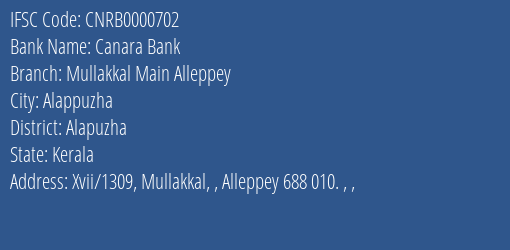 Canara Bank Mullakkal Main Alleppey Branch Alapuzha IFSC Code CNRB0000702