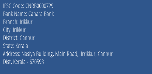 Canara Bank Irikkur Branch Cannur IFSC Code CNRB0000729