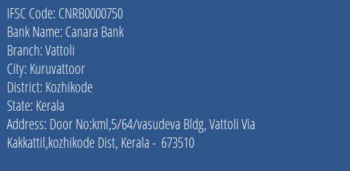 Canara Bank Vattoli Branch Kozhikode IFSC Code CNRB0000750
