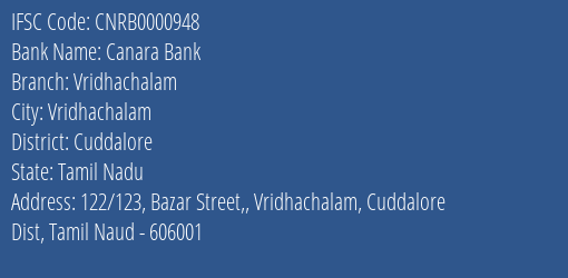 Canara Bank Vridhachalam Branch, Branch Code 000948 & IFSC Code CNRB0000948