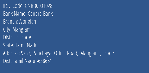 Canara Bank Alangiam Branch, Branch Code 001028 & IFSC Code CNRB0001028