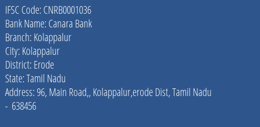 Canara Bank Kolappalur Branch IFSC Code